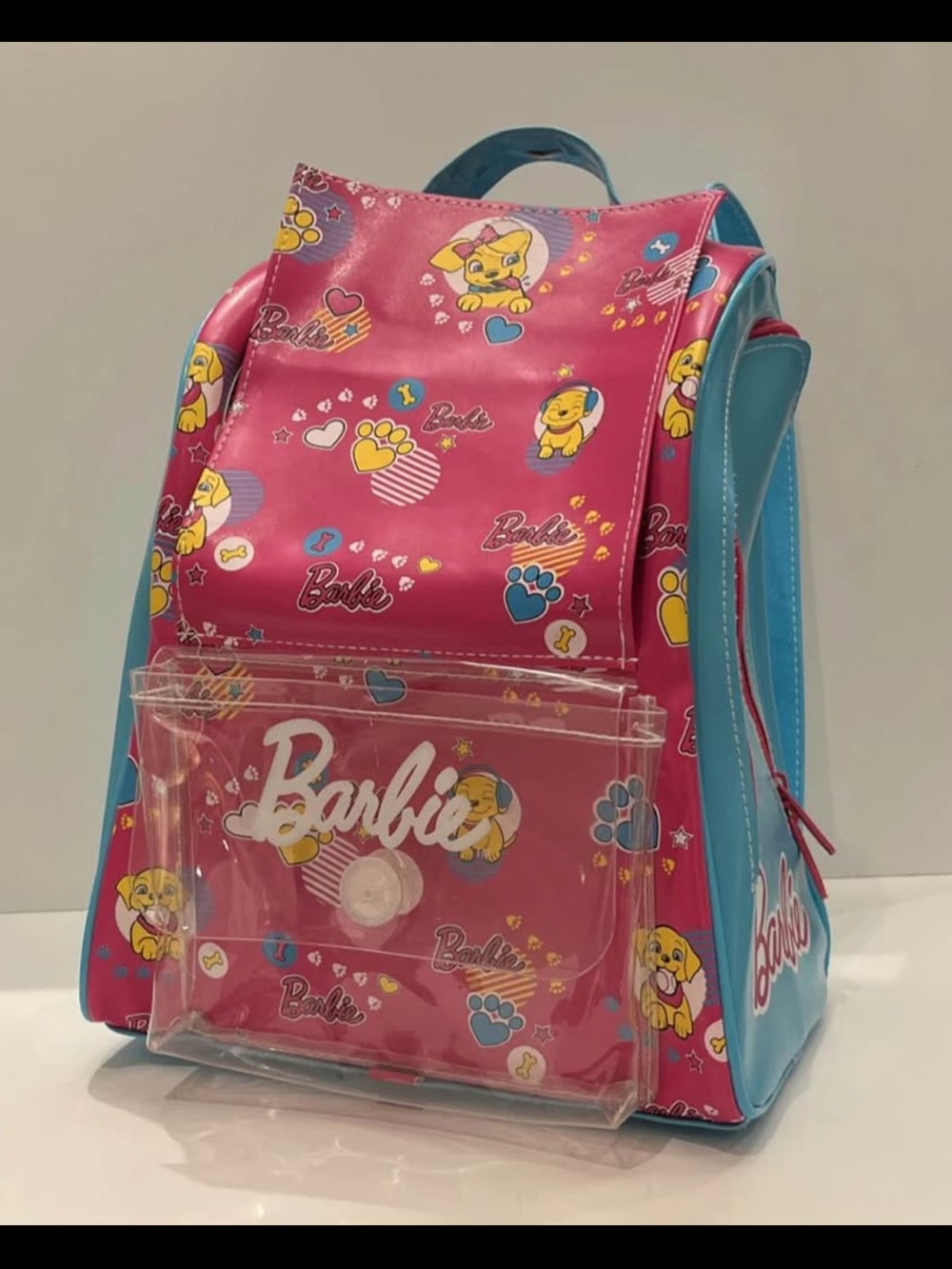 BARBIE MATTEL Just Play Backpack Lunch Bag Tote. Pink Aqua Accents W/Puppy Paws